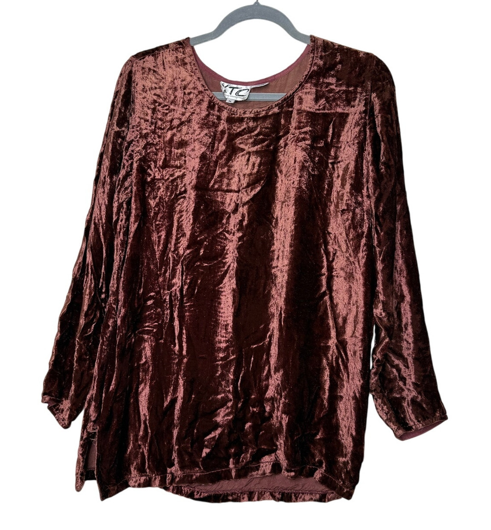 Vintage 90s Crushed Velvet Top Women's Medium Whimsygoth Copper Brown